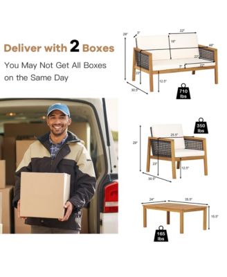 4PCS Patio Rattan Furniture Set Acacia Wood Cushioned Sofa