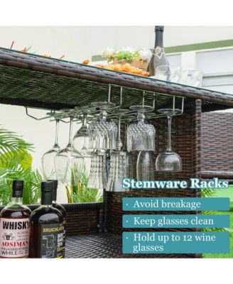 Patio 3PCS Wicker Bar Set Height Table Two Stools with 3 Rows Stemware Racks Garden