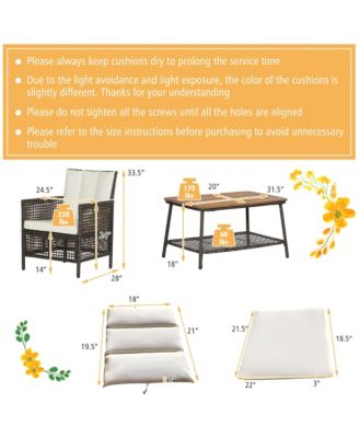 5PCS Patio Rattan Furniture Set Cushioned Sofa Armrest Wooden Tabletop