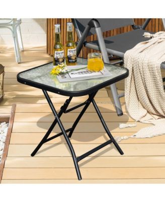 Patio Folding Square Glass Side Table Bistro Coffee Table Plant Stand