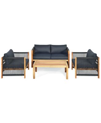 8PCS Acacia Wood Outdoor Patio Furniture Set Cushioned Sofa W/Nylon Rope Armrest