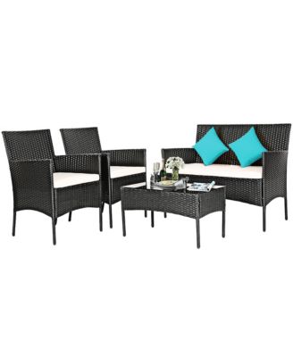 4PCS Patio Rattan Furniture Set Cushioned Sofa Coffee Table Backyard
