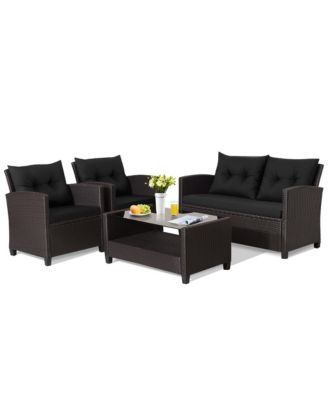 4PCS Outdoor Conversation Set Patio PE Rattan Set w/ Glass Table & Sofa Cushions