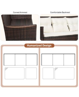 3PCS Patio Rattan Sectional Conversation Furniture Set w/ Off White Cushions