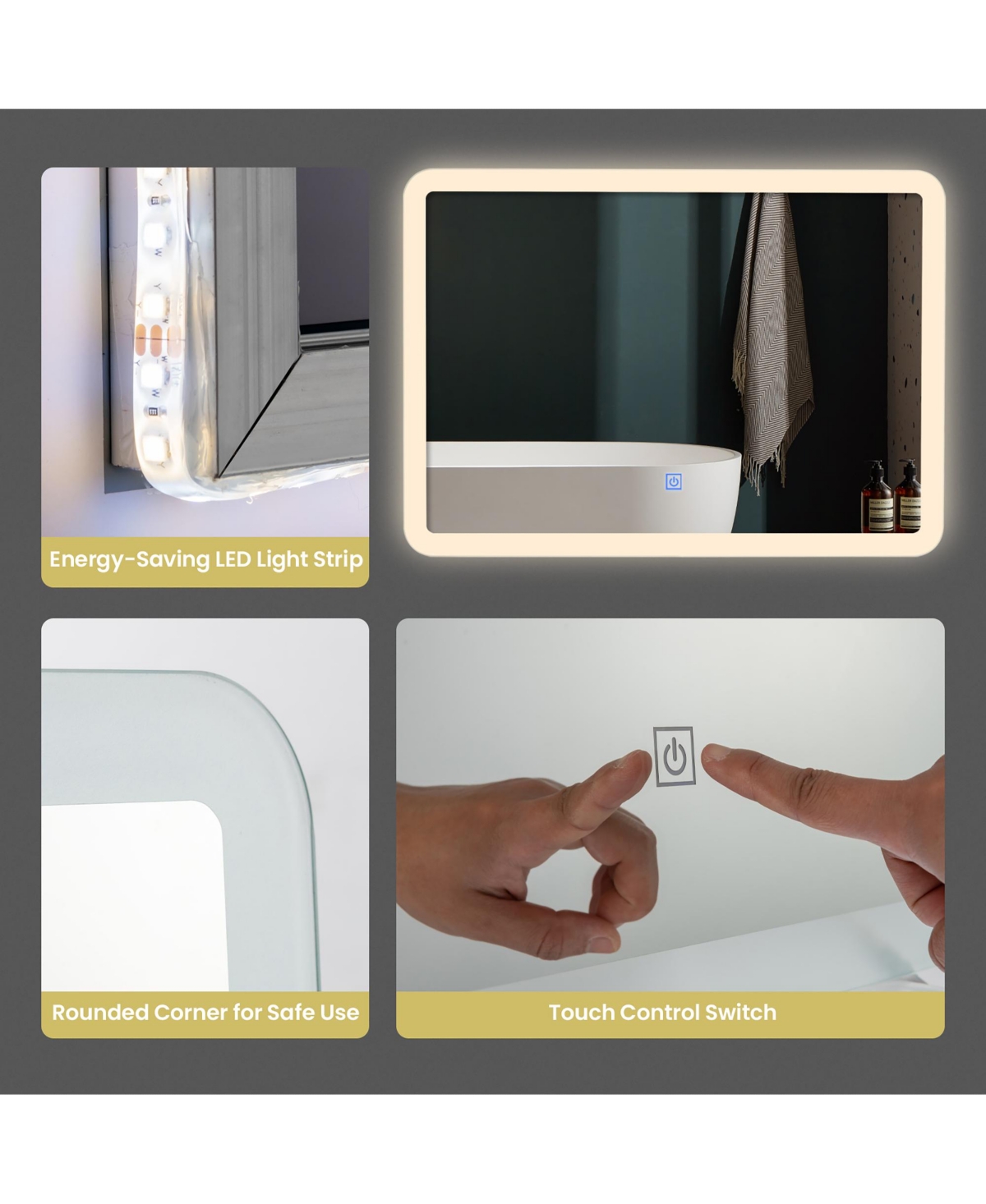 Costway Wall Mounted Rectangle Bathroom Led Mirror Dimmable Touch 3-Color Frameless