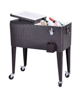 Outdoor Rattan 80QT Party Portable Rolling Cooler Cart Ice Beer