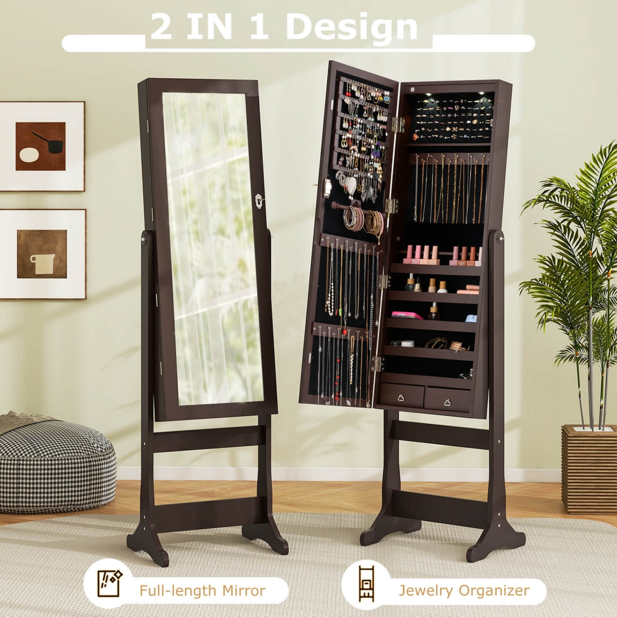 Costway Mirrored Jewelry Cabinet Organizer Storage Stand w/Led Lights