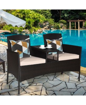 Patio Rattan Conversation Set Loveseat Sofa Cushioned Coffee Table