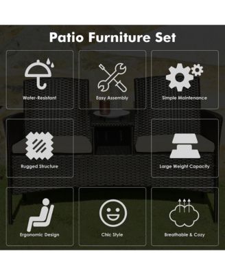 Patio Rattan Conversation Set Loveseat Sofa Cushioned Coffee Table
