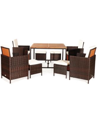 9PCS Patio Rattan Dining Set Cushioned Chairs Ottoman Wood Table Top