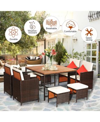 9PCS Patio Rattan Dining Set Cushioned Chairs Ottoman Wood Table Top