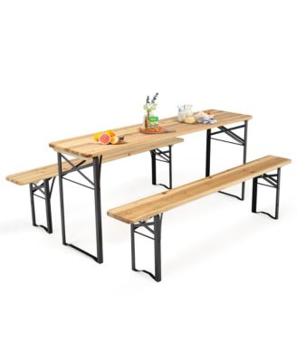 3 PCS Beer Table Bench Set Folding Wooden Top Picnic Table Patio Garden