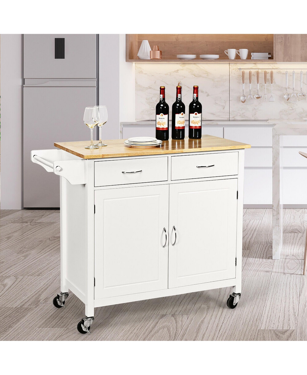 Costway Modern Rolling Kitchen Cart Island Wood Top Storage Trolley Cabinet Utility New White