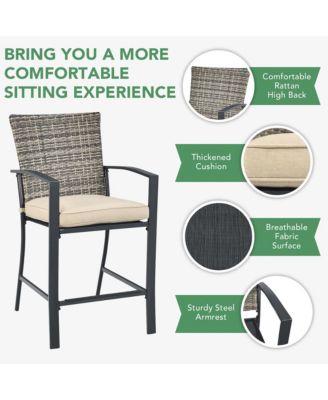 Patio Rattan Bar Furniture Set Slat Table 2 Cushioned Stools Poolside