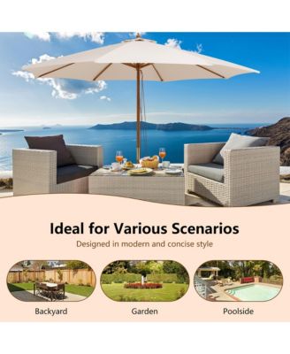 10FT Patio Wooden Market Table Umbrella Pulley w/8 Bamboo Ribs Sunshade Canopy