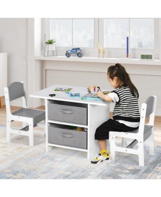 Kids Art Play Wood Table and 2 Chairs Set w/ Storage Baskets Puzzle