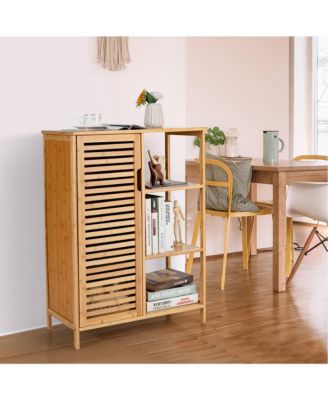 Bathroom Cabinet Bamboo Storage Floor Cabinet w/ Single Door & 3 Open Shelves