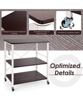 3-Tier Kitchen Baker s Rack with Adjustable Shelves, Hooks, and Lockable Wheels for Microwave and Utility Storage