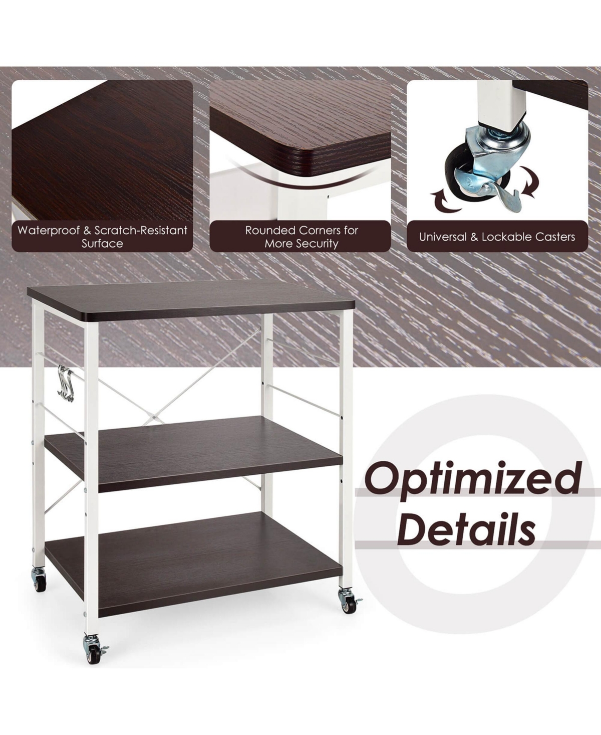 3-Tier Kitchen Baker's Rack Microwave Oven Storage Cart w/ Hooks