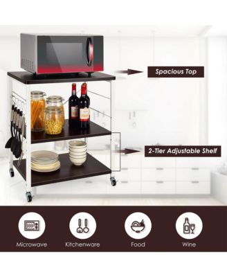 3-Tier Kitchen Baker s Rack with Adjustable Shelves, Hooks, and Lockable Wheels for Microwave and Utility Storage