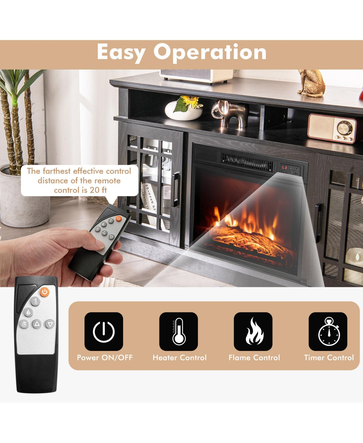 48'' Fireplace Tv Stand W/ 1400W Electric Fireplace for TVs up to 50 Inches