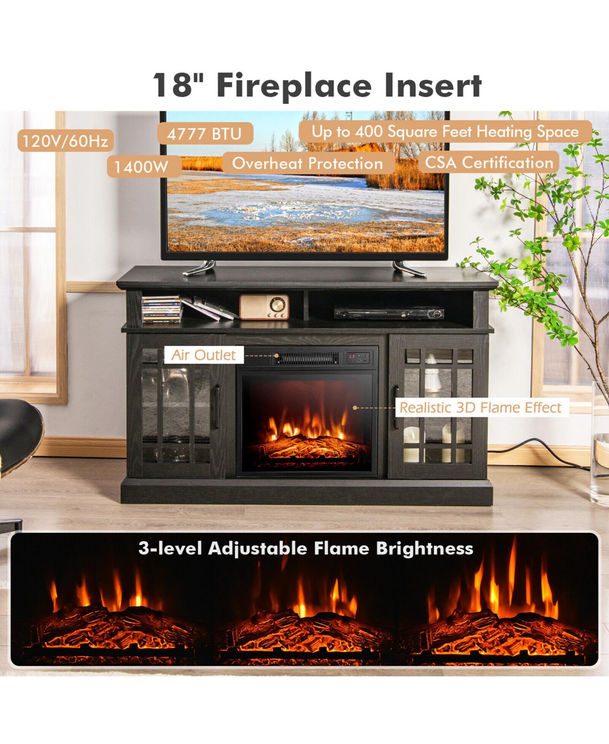 48'' Fireplace Tv Stand W/ 1400W Electric Fireplace for TVs up to 50 Inches