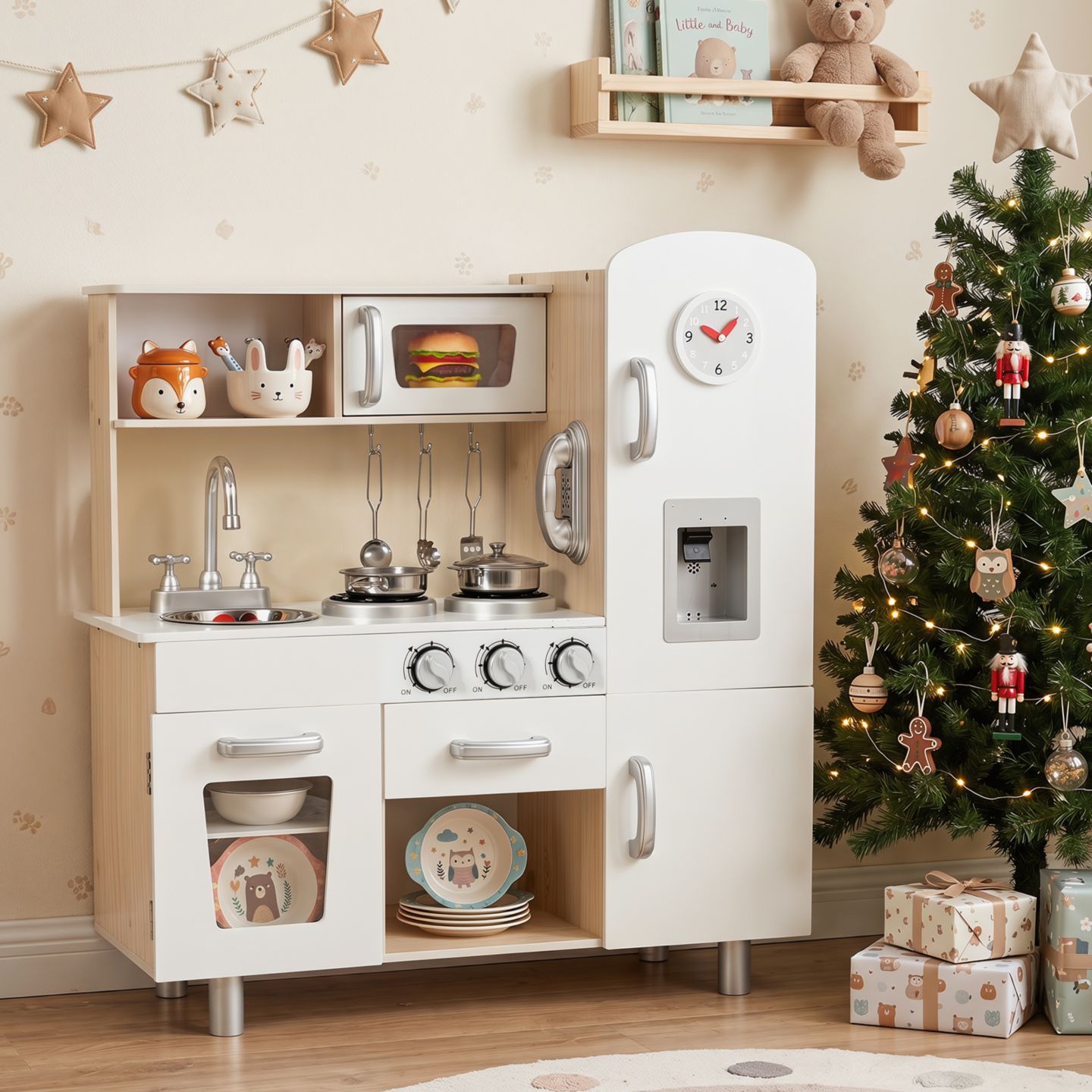 Детские игрушки Costway Water Dispenser 5-Piece Wooden Play Kitchen, от 3 лет, цвет: Белый — фото 6