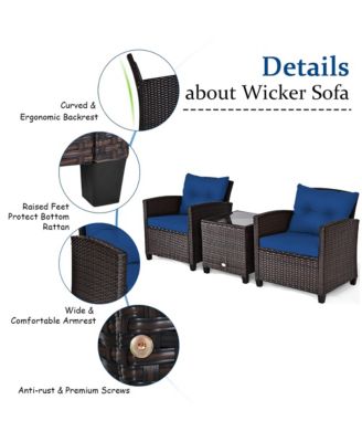 3PCS Patio Rattan Furniture Set Cushioned Sofa Coffee Table Garden