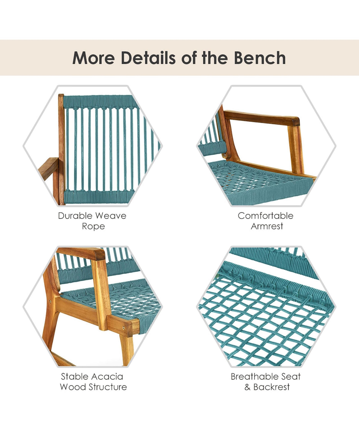 Costway 2-Person Patio Acacia Wood Bench Porch Garden Yard Deck -Aqua