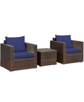 3PCS Patio Rattan Furniture Set Conversation Sofa Cushioned