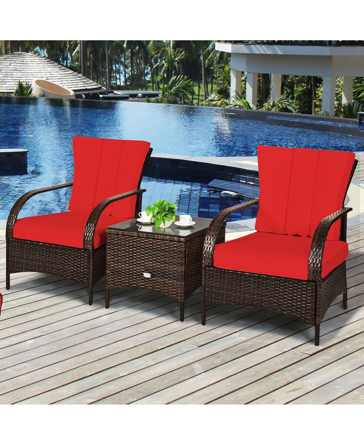 Costway 3 Pcs Patio Rattan Furniture Set Coffee Table & 2 Rattan Chair