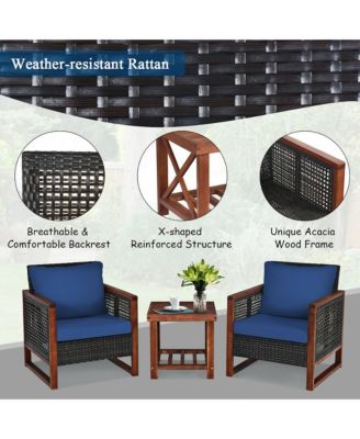 3PCS Patio Wicker Furniture Set Solid Wood Frame Cushion Sofa w/ Square Table Shelf