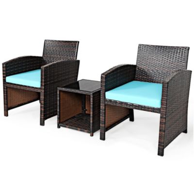 3PCS Patio Rattan Wicker Furniture Cushion Sofa Coffee Table