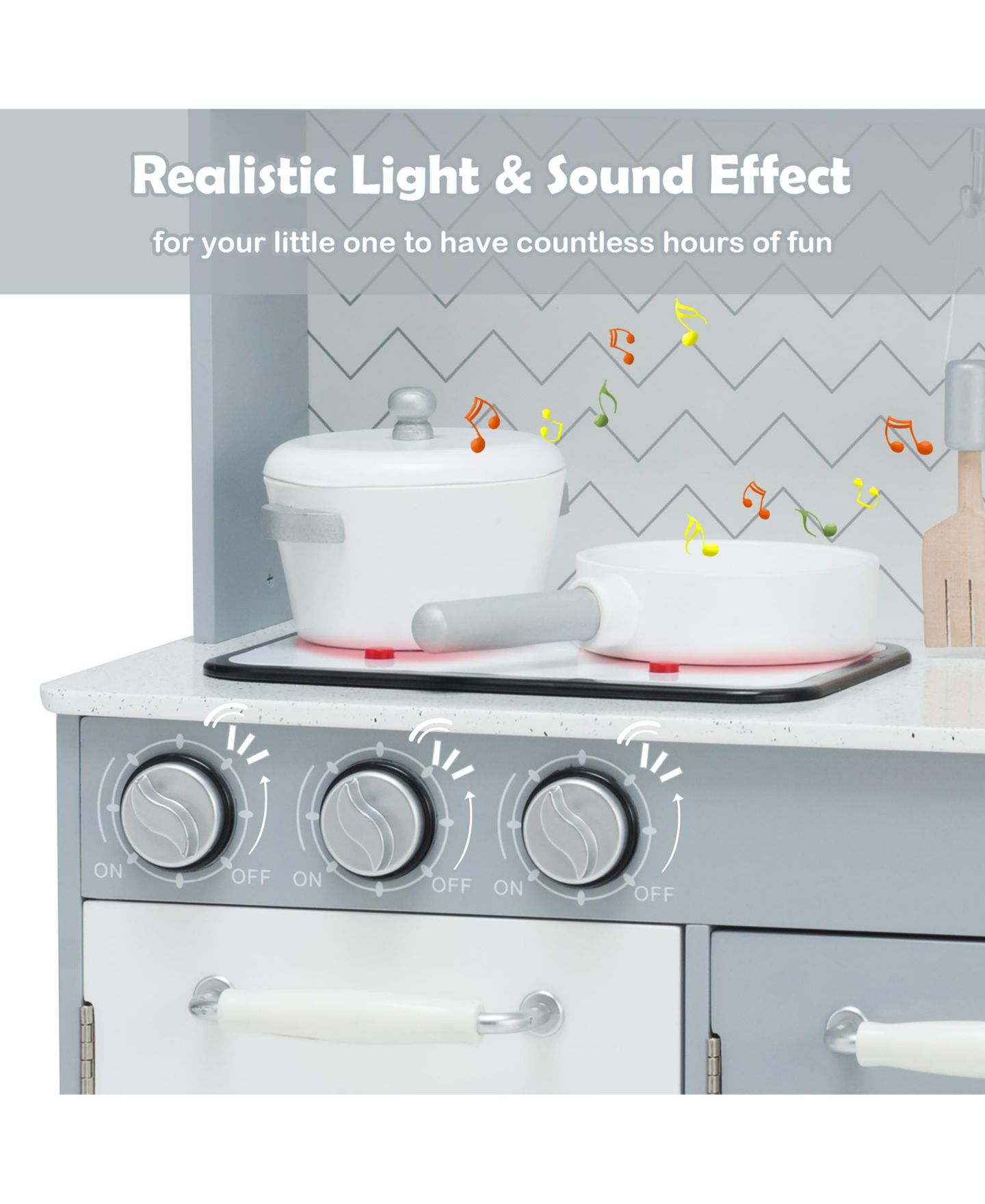 Детские игрушки Costway Realistic Light & Sound 6-Piece Wooden Play Kitchen, Ages 3+, цвет: Серый — фото 5