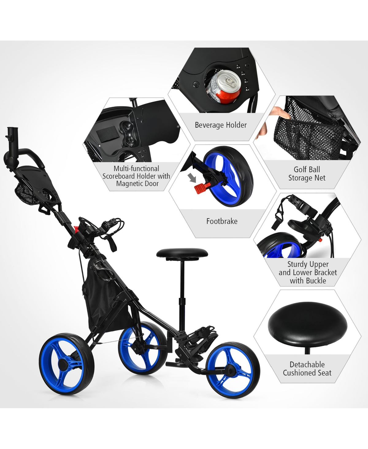 Costway Folding 3 Wheels Golf Push Cart W/Seat Scoreboard Adjustable Handle