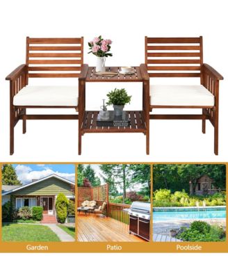 Acacia Wood Loveseat Patio Outdoor Conversation Set w/ Table White Cushion