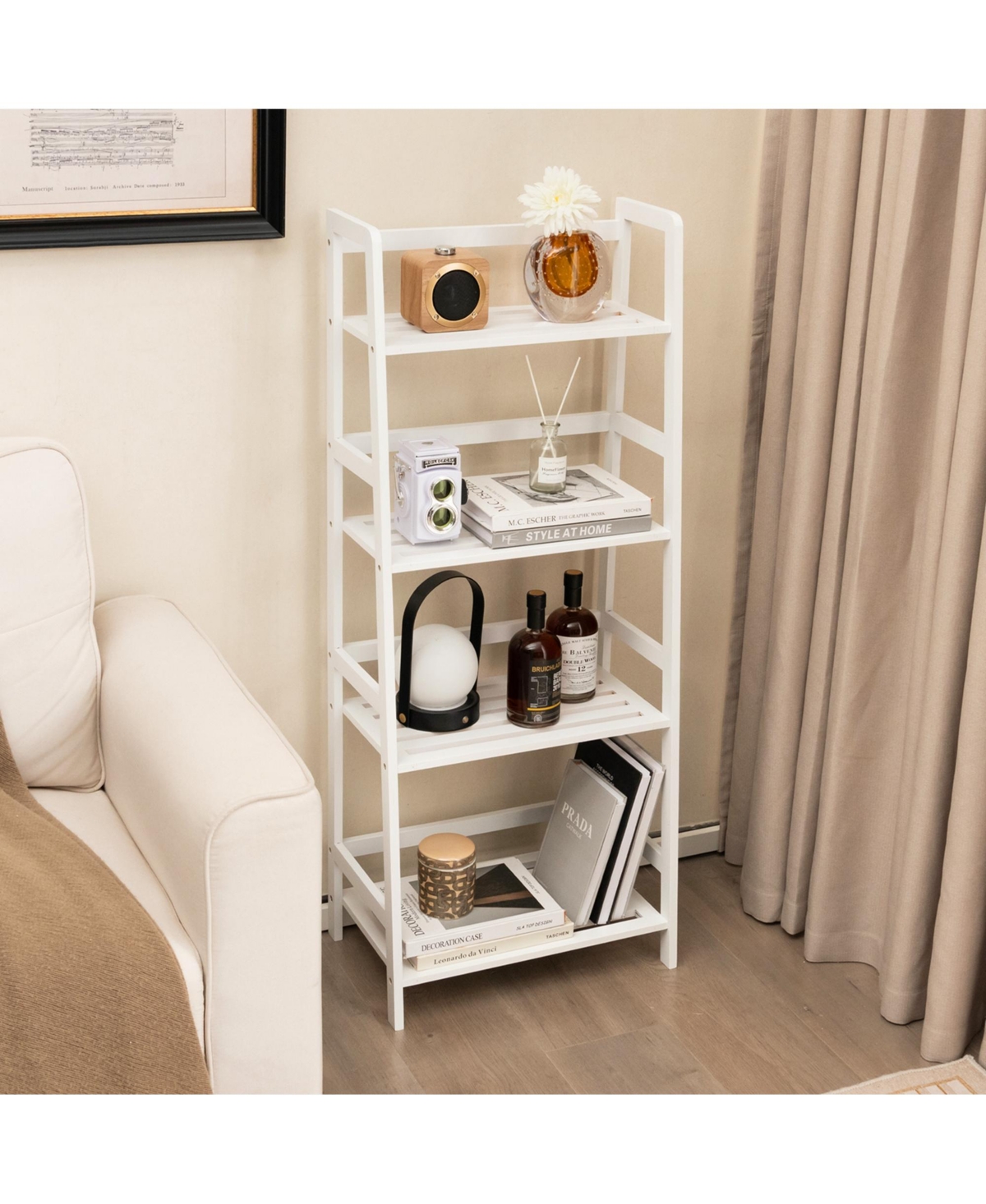 Costway Multifunctional 4 Shelf Bamboo Bookcase Ladder Plant Flower Stand Rack Storage
