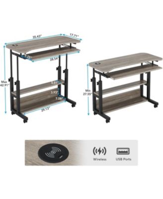 Portable Desk with Power Outlets, Height Adjustable Side Table Sofa Couch Bedside Laptop Computer Cart with USB Charging Ports, Mobile Small Standing Desk with Keyboard Tray