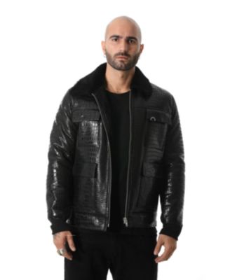 Men's Black Leather Bomber Jacket, Crocodile Emboss