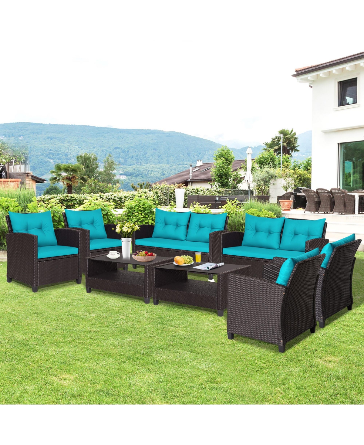 Gymax 4PCS Outdoor Conversation Set Patio Pe Rattan Set w/ Glass Table & Sofa Cushions