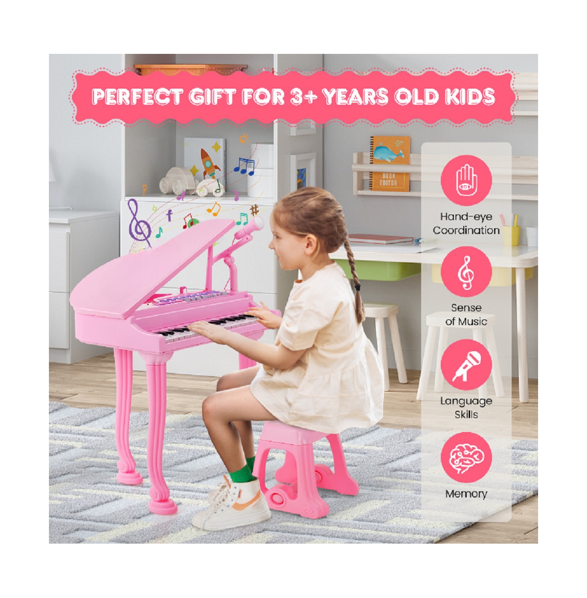 Slickblue 31 Keys Kids Piano Keyboard with Stool and Piano Lid