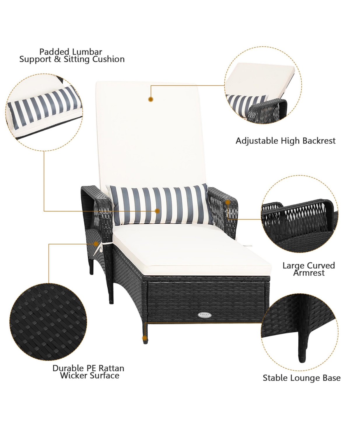Gymax Set of 2 Adjustable Patio Rattan Lounge Chair Chaise Recliner w/ Cushion & Pillow - White+black