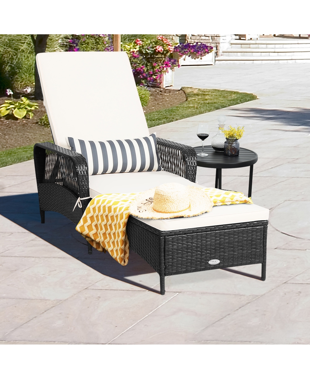Gymax Set of 2 Adjustable Patio Rattan Lounge Chair Chaise Recliner w/ Cushion & Pillow - White+black