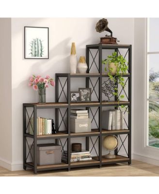 12 Shelf Industrial Ladder Corner Bookshelf 9 Cube Stepped Etagere Bookcase 5-Tier Display Storage Organizer for Home Office