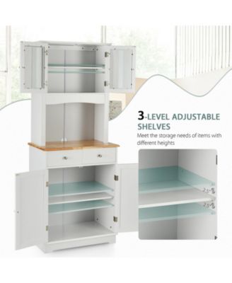 67" Tall MDF, Engineered & Rubber Wood, Wood Top, Hutch, Adjustable Shelves, Glass Doors Kitchen Pantry Cabinet