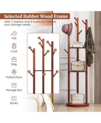 Freestanding Wooden Coat Tree 360&amp;#xB0; Rotary Coat Rack with 3 Display Storage Shelves