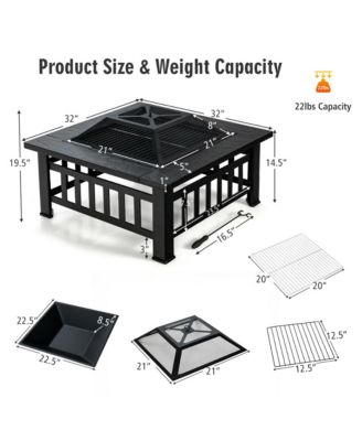 32'' 3 in 1 Outdoor Square Fire Pit Table W/ BBQ Grill Rain Cover for Camping