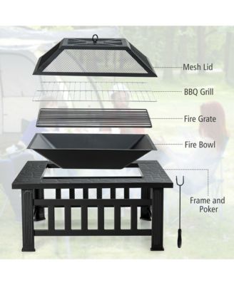 32'' 3 in 1 Outdoor Square Fire Pit Table W/ BBQ Grill Rain Cover for Camping