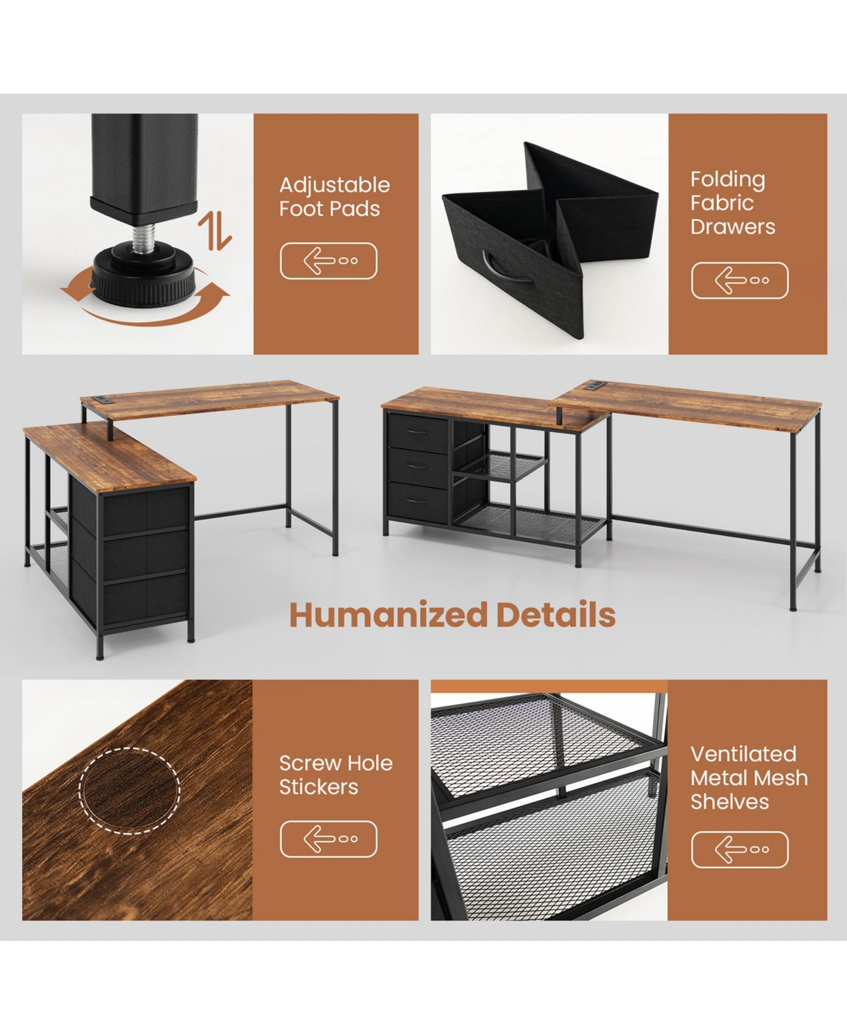 Costway L-shaped Computer Desk with Power Outlet, Fabric Drawers, Metal Mesh Shelves