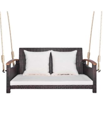 Patio Rattan Porch Swing 2-Person Hanging Chair Cushioned Loveseat for Backyard